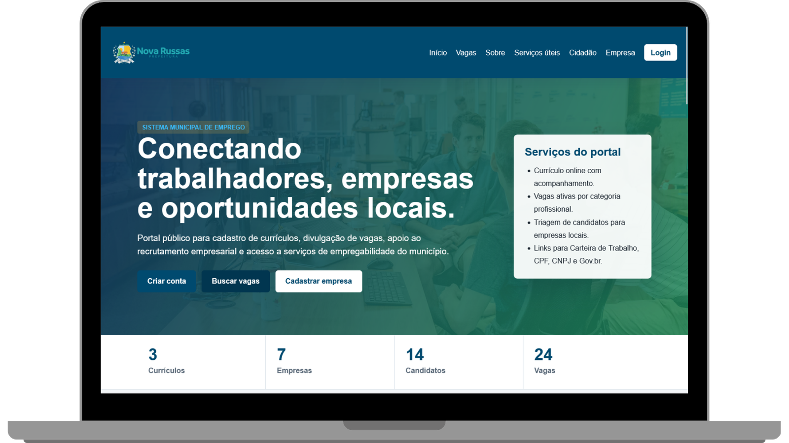 Tela inicial do Emprega Município da BM Sistemas