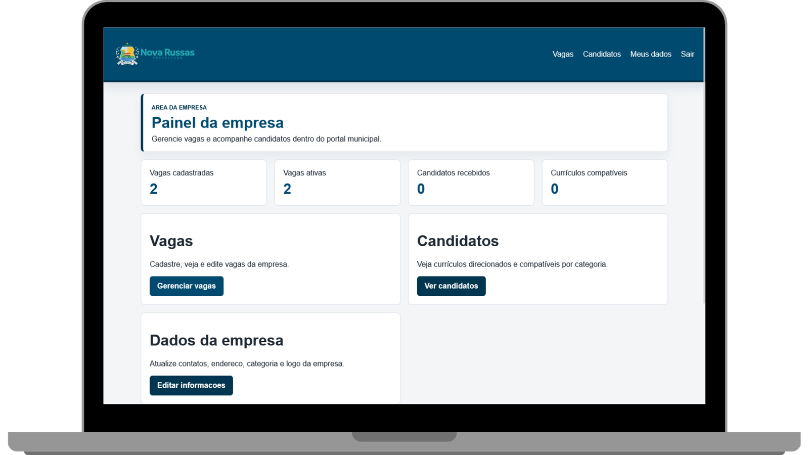 Painel da empresa para publicar vagas e consultar candidatos