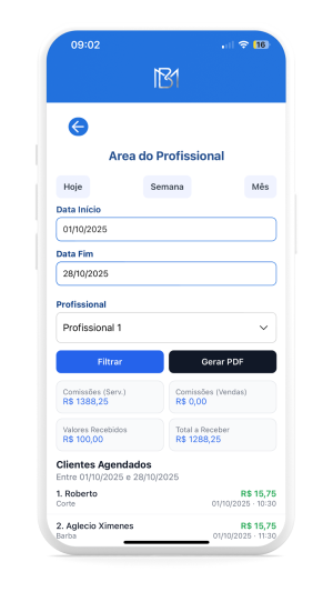 Print da tela de agenda do profissional no app BM Gestor