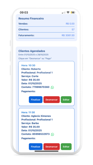 Print da tela de agenda do profissional no app BM Gestor